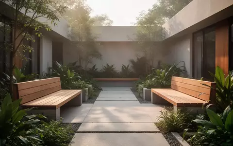 Ein minimalistischer Innenhof mit Holzbänken und Pflanzen im sanften Morgenlicht, der Ruhe und Prävention symbolisiert. - Foto: über boerse-global.de