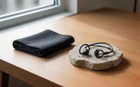 Ein minimalistischer Arbeitsbereich mit einem gefalteten Textilband und einer offenen Hörhilfe auf einem Steintisch. - Foto: über boerse-global.de