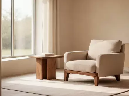 Ein minimalistisch eingerichtetes Wohnzimmer mit hellem Tageslicht, einer gemütlichen Sitzecke und neutralen Beigetönen. - Foto: über boerse-global.de