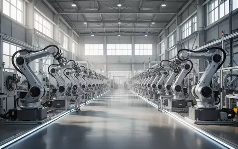Eine moderne, weitläufige Fabrikhalle mit Industrie-Robotern und Fertigungsanlagen im hellen Tageslicht. - Foto: über boerse-global.de