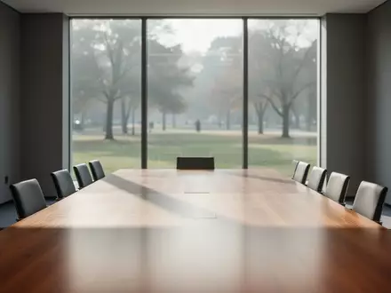 Ein leerer, heller Konferenzraum mit einem Holztisch vor einer Fensterfront mit Blick ins Grüne. - Foto: über boerse-global.de