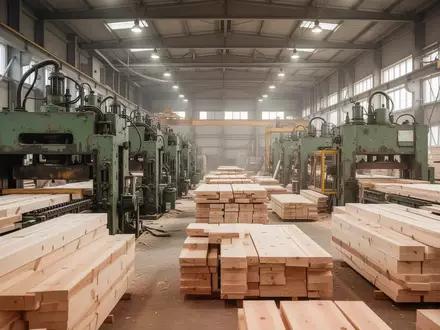 Leere Industriehalle einer Holzverarbeitungsfabrik mit Maschinen und Holzplatten. - Foto: über boerse-global.de