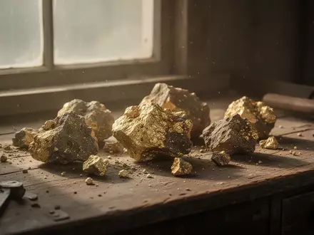 Rohe Golderzstücke auf einem hölzernen Arbeitstisch in einer Mine bei natürlichem Lichteinfall. - Foto: über boerse-global.de