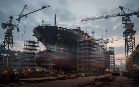Industrielle Werft mit Stahlrümpfen und Gerüsten vor einem bewölkten Himmel. - Foto: über boerse-global.de