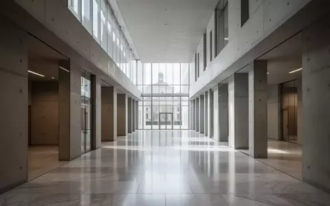 Ein minimalistischer, moderner Flur in einem Behördengebäude mit klaren Linien und hellem Tageslicht. - Foto: über boerse-global.de