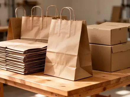 Stapel von unbedruckten braunen Papiertüten und Pappkartons auf einer Werkbank in einer hellen Werkstatt. - Foto: über boerse-global.de