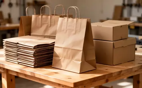 Stapel von unbedruckten braunen Papiertüten und Pappkartons auf einer Werkbank in einer hellen Werkstatt. - Foto: über boerse-global.de