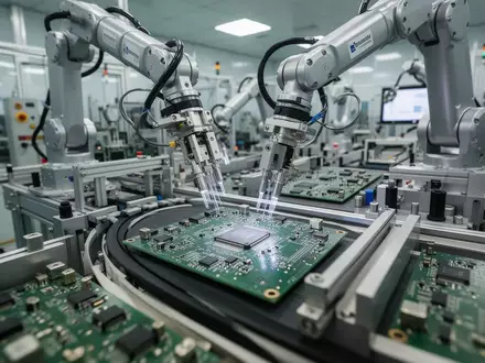 Eine industrielle Fertigungsstraße für Leiterplatten in einer modernen Fabrikhalle mit hochpräziser Robotertechnik. - Foto: über boerse-global.de
