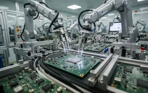Eine industrielle Fertigungsstraße für Leiterplatten in einer modernen Fabrikhalle mit hochpräziser Robotertechnik. - Foto: über boerse-global.de