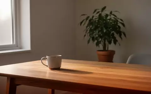 Ein minimalistischer, heller Arbeitsplatz mit einer Pflanze und einer leeren Tasse in ruhiger, natürlicher Lichtstimmung. - Foto: über boerse-global.de