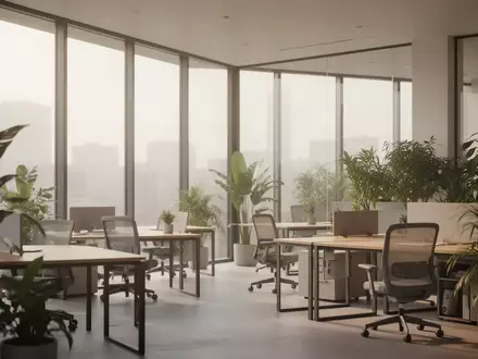 Ein minimalistisches, modernes Büro mit leeren Schreibtischen und natürlichem Licht, das eine ruhige Arbeitsumgebung darstellt. - Foto: über boerse-global.de