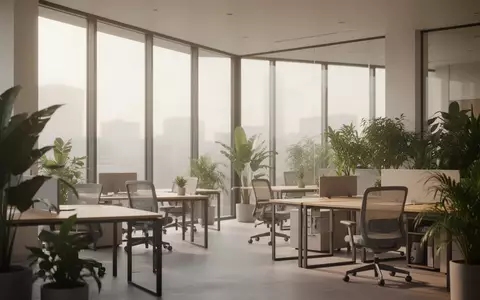 Ein minimalistisches, modernes Büro mit leeren Schreibtischen und natürlichem Licht, das eine ruhige Arbeitsumgebung darstellt. - Foto: über boerse-global.de