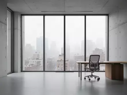 Ein minimalistisches, modernes Büro mit großen Fenstern und Blick auf eine städtische Skyline bei natürlichem Tageslicht. - Foto: über boerse-global.de