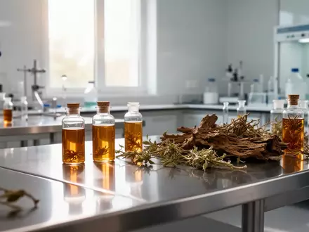 Ein steriles Labor mit Glasfläschchen, die pflanzliche Extrakte enthalten, auf einer Edelstahlarbeitsfläche. - Foto: über boerse-global.de