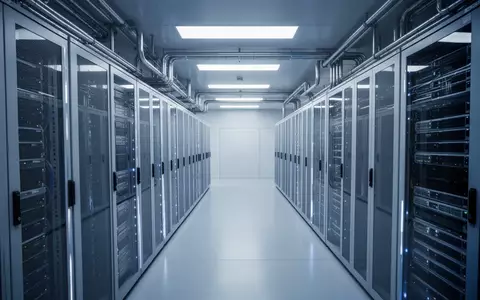 Ein minimalistischer, moderner Serverraum mit blauer Beleuchtung und geordneten Metallschränken in einer sterilen Umgebung. - Foto: über boerse-global.de