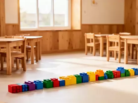 Ein heller, minimalistischer Gruppenraum in einem Kindergarten mit kleinen Holztischen und Stühlen in einer ordentlichen Anordnung. - Foto: über boerse-global.de