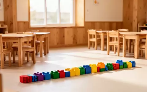 Ein heller, minimalistischer Gruppenraum in einem Kindergarten mit kleinen Holztischen und Stühlen in einer ordentlichen Anordnung. - Foto: über boerse-global.de