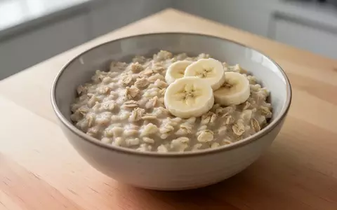 Eine Nahaufnahme einer Schüssel mit Haferbrei und Bananenscheiben auf einem Holztisch, die eine gesunde Ernährung nach einer Krankheit symbolisiert. - Foto: über boerse-global.de