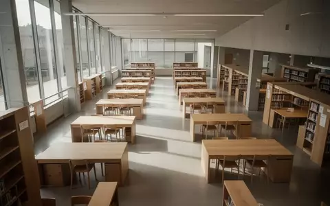 Ein minimalistischer, lichtdurchfluteter Bibliotheksraum mit leeren Holztischen und Regalen in einer ruhigen Lernumgebung. - Foto: über boerse-global.de