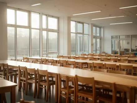 Ein heller, moderner Speisesaal in einer Schule mit leeren Holztischen und Stühlen in einer ruhigen, aufgeräumten Umgebung. - Foto: über boerse-global.de