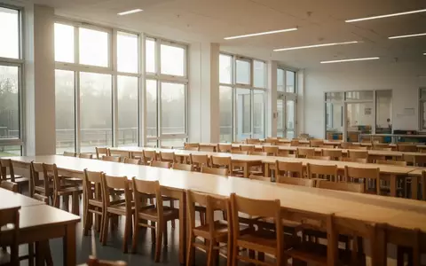 Ein heller, moderner Speisesaal in einer Schule mit leeren Holztischen und Stühlen in einer ruhigen, aufgeräumten Umgebung. - Foto: über boerse-global.de
