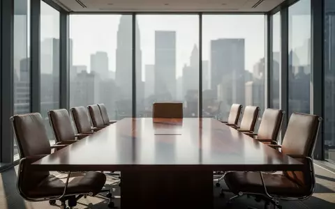 Ein moderner, leerer Konferenzraum in einem Bürogebäude mit bodentiefen Fenstern und Blick auf eine Skyline. - Foto: über boerse-global.de