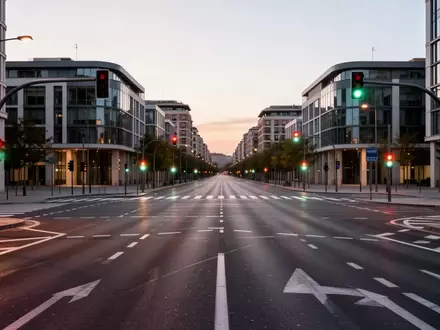 Eine leere, moderne Straßenkreuzung in Madrid bei Dämmerung mit klar markierten Fahrspuren und zeitgenössischer Architektur. - Foto: über boerse-global.de