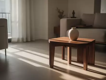 Ein minimalistisch eingerichtetes Wohnzimmer mit einem leeren Keramikvase auf einem Holztisch im sanften Morgenlicht. - Foto: über boerse-global.de