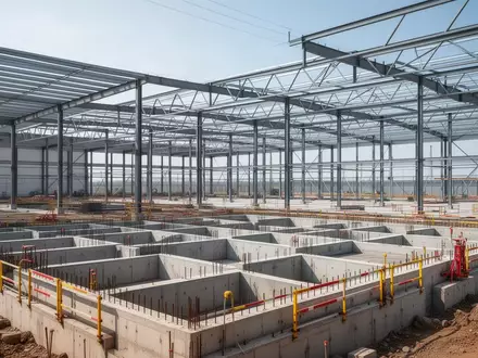 Baustelle eines modernen Logistikzentrums mit massiven Stahlbetonstrukturen und industrieller Lagerarchitektur. - Foto: über boerse-global.de