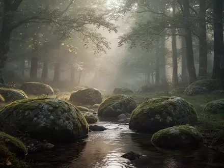 Eine friedliche Waldlichtung im Morgengrauen mit moosbedeckten Steinen und einem kleinen Bachlauf. - Foto: über boerse-global.de