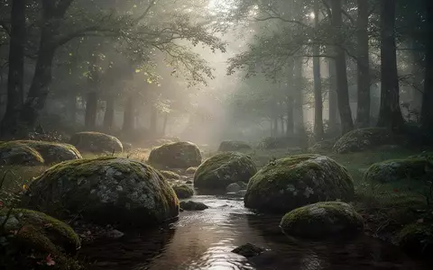 Eine friedliche Waldlichtung im Morgengrauen mit moosbedeckten Steinen und einem kleinen Bachlauf. - Foto: über boerse-global.de