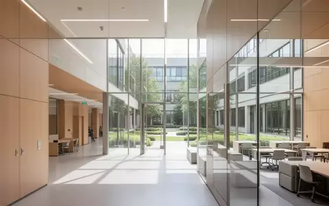 Heller, moderner Innenraum einer Hochschule mit klaren architektonischen Linien und Blick auf einen begrünten Campus. - Foto: über boerse-global.de