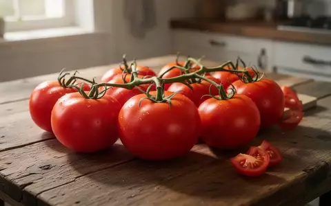 Frische rote Tomaten auf einem rustikalen Holztisch in hellem Tageslicht. - Foto: über boerse-global.de