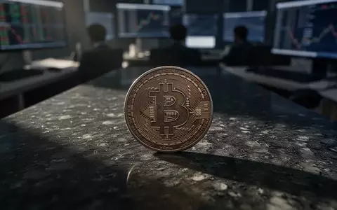 Eine einzelne physische Bitcoin-Münze auf einem dunklen Steintisch vor einer unscharfen Kulisse eines Handelsraums. - Foto: über boerse-global.de