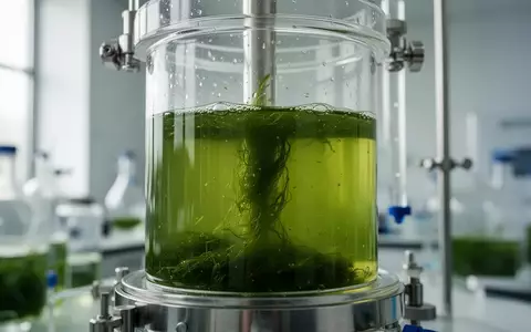 Nahaufnahme eines Bioreaktors mit grüner Algenkultur in einem biotechnologischen Labor. - Foto: über boerse-global.de