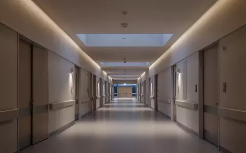 Ein leerer, modern gestalteter Krankenhausflur in neutralen Farbtönen bei Dämmerlicht. - Foto: über boerse-global.de