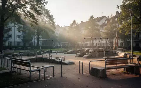 Ein ruhiger, leerer öffentlicher Spielplatz in einem Zürcher Wohnquartier mit Bänken, Geländern und Steinelementen. - Foto: über boerse-global.de