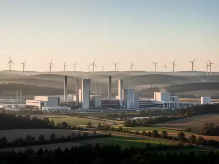 Weite Industrielandschaft mit modernen Fabrikgebäuden und Windkraftanlagen in einer hügeligen Umgebung bei Sonnenuntergang. - Foto: über boerse-global.de