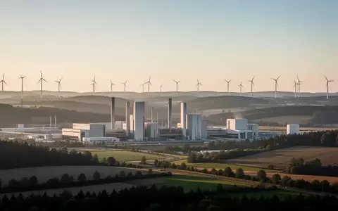 Weite Industrielandschaft mit modernen Fabrikgebäuden und Windkraftanlagen in einer hügeligen Umgebung bei Sonnenuntergang. - Foto: über boerse-global.de