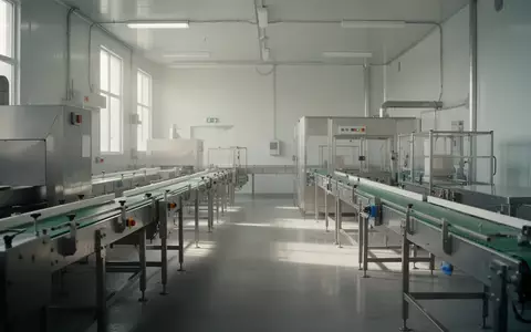 Leere, sterile Produktionshalle einer Lebensmittelverarbeitung mit Edelstahloberflächen bei natürlichem Licht. - Foto: über boerse-global.de