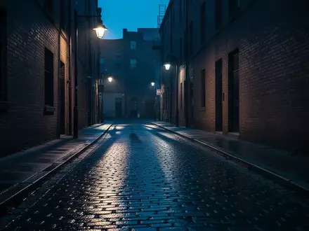 Eine menschenleere, schattige Gasse bei Dämmerung mit Kopfsteinpflaster und reflektierendem Licht von Straßenlaternen. - Foto: über boerse-global.de