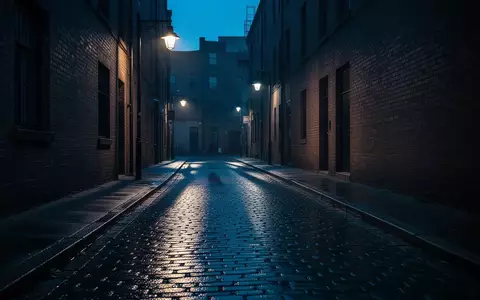 Eine menschenleere, schattige Gasse bei Dämmerung mit Kopfsteinpflaster und reflektierendem Licht von Straßenlaternen. - Foto: über boerse-global.de
