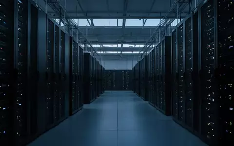 Ein weitläufiger, moderner Serverraum in kühlem blauen Licht mit langen Reihen dunkler Serverschränke in einer sterilen Umgebung. - Foto: über boerse-global.de