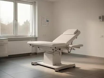 Ein heller, minimalistischer Behandlungsraum in einer Arztpraxis mit einer Untersuchungsliege bei Tageslicht. - Foto: über boerse-global.de