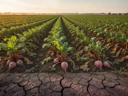 Ein weitläufiges Feld mit verwelkten Zuckerrüben auf ausgetrocknetem, rissigem Boden bei spätem Nachmittagslicht. - Foto: über boerse-global.de