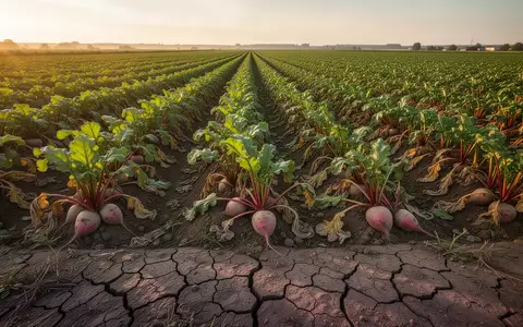 Ein weitläufiges Feld mit verwelkten Zuckerrüben auf ausgetrocknetem, rissigem Boden bei spätem Nachmittagslicht. - Foto: über boerse-global.de