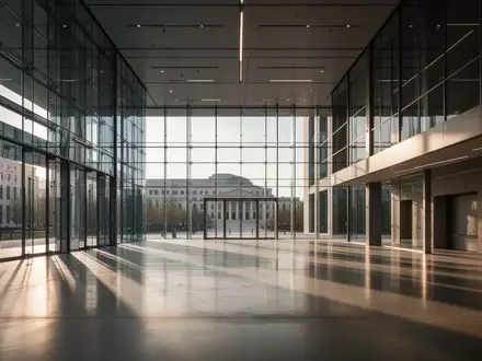 Innenansicht eines modernen, leeren Regierungsgebäudes mit minimalistischer Architektur und einfallendem Tageslicht. - Foto: über boerse-global.de