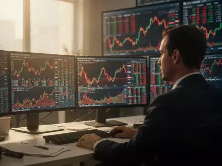 Ein Investor blickt auf Computerbildschirme mit Börsenkursen in einem modernen Büro. - Foto: über boerse-global.de
