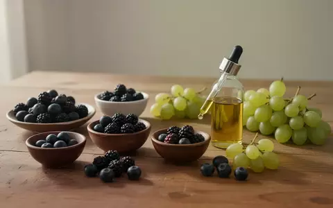 Eine Auswahl an frischen Beeren und Trauben neben einer kleinen Flasche mit Omega-3-Öl auf einem Holztisch. - Foto: über boerse-global.de