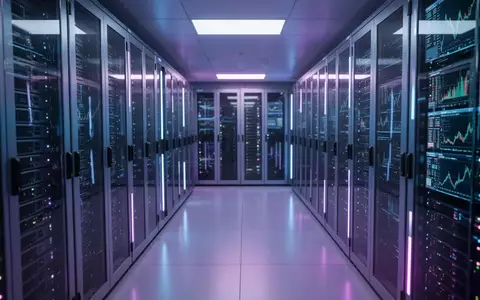 Moderne Serveranlage mit blauer Beleuchtung als Symbol fĂŒr hohe HandelsaktivitĂ€t auf der Solana-Blockchain. - Foto: ĂŒber boerse-global.de
